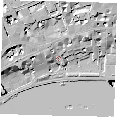 Shaded relief map of the ground around WC2R3AA, computed from Environment Agency LiDAR. The ground here sits at about 9 m above sea level and falls 54 m across the surrounding 800 m. Surface water reaching this point runs off ground lying to the north-west, 14.1 m higher.