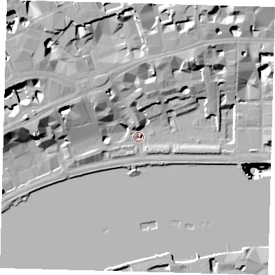 Shaded relief map of the ground around WC2R3BD, computed from Environment Agency LiDAR. The ground here sits at about 4 m above sea level and falls 53 m across the surrounding 800 m. Surface water reaching this point runs off ground lying to the north-west, 16.3 m higher.