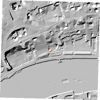 Shaded relief map of the ground around WC2R3DX, computed from Environment Agency LiDAR. The ground here sits at about 5 m above sea level and falls 21 m across the surrounding 800 m. Surface water reaching this point runs off ground lying to the north-west, 14.1 m higher.