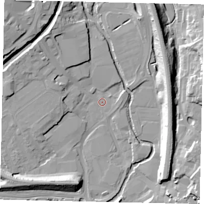 Shaded relief map of the ground around WD172HN, computed from Environment Agency LiDAR. The ground here sits at about 54 m above sea level and falls 19 m across the surrounding 800 m. Surface water reaching this point runs off ground lying to the north-west, 9.9 m higher.