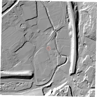 Shaded relief map of the ground around WD172HU, computed from Environment Agency LiDAR. The ground here sits at about 54 m above sea level and falls 21 m across the surrounding 800 m. Surface water reaching this point runs off ground lying to the north-north-east, 3.2 m higher.