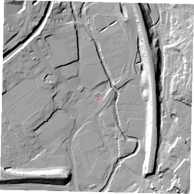 Shaded relief map of the ground around WD172HW, computed from Environment Agency LiDAR. The ground here sits at about 54 m above sea level and falls 18 m across the surrounding 800 m. Surface water reaching this point runs off ground lying to the north-west, 6.2 m higher.