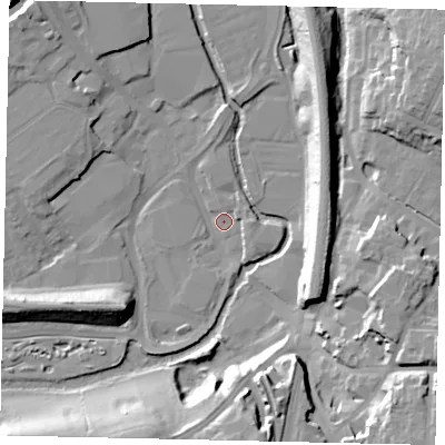 Shaded relief map of the ground around WD172HX, computed from Environment Agency LiDAR. The ground here sits at about 53 m above sea level and falls 22 m across the surrounding 800 m. Surface water reaching this point runs off ground lying to the south-east, 2.6 m higher.