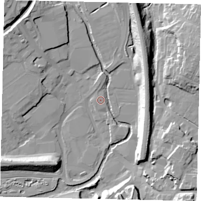Shaded relief map of the ground around WD172HY, computed from Environment Agency LiDAR. The ground here sits at about 55 m above sea level and falls 21 m across the surrounding 800 m. Surface water reaching this point runs off ground lying to the south-west, 1.0 m higher.