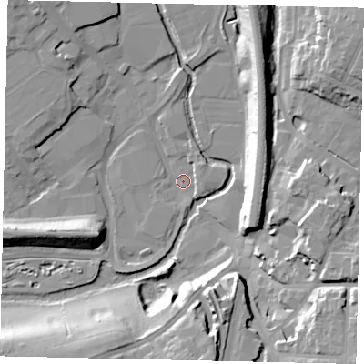 Shaded relief map of the ground around WD172HZ, computed from Environment Agency LiDAR. The ground here sits at about 54 m above sea level and falls 24 m across the surrounding 800 m. Surface water reaching this point runs off ground lying to the east, 2.5 m higher.