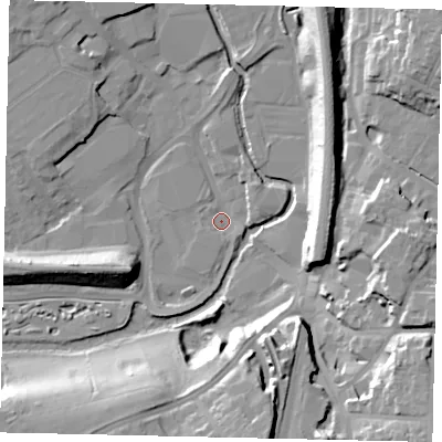 Shaded relief map of the ground around WD172JE, computed from Environment Agency LiDAR. The ground here sits at about 54 m above sea level and falls 23 m across the surrounding 800 m. Surface water reaching this point runs off ground lying to the south-east, 1.4 m higher.