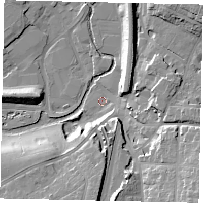 Shaded relief map of the ground around WD172JG, computed from Environment Agency LiDAR. The ground here sits at about 54 m above sea level and falls 30 m across the surrounding 800 m. Surface water reaching this point runs off ground lying to the east-south-east, 2.7 m higher.