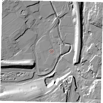 Shaded relief map of the ground around WD172JH, computed from Environment Agency LiDAR. The ground here sits at about 54 m above sea level and falls 23 m across the surrounding 800 m. Surface water reaching this point runs off ground lying to the east, 2.5 m higher.