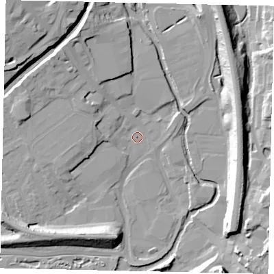 Shaded relief map of the ground around WD172JJ, computed from Environment Agency LiDAR. The ground here sits at about 54 m above sea level and falls 19 m across the surrounding 800 m. Surface water reaching this point runs off ground lying to the north-north-west, 9.9 m higher.