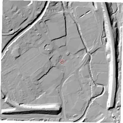 Shaded relief map of the ground around WD172JP, computed from Environment Agency LiDAR. The ground here sits at about 54 m above sea level and falls 18 m across the surrounding 800 m. Surface water reaching this point runs off ground lying to the west-north-west, 4.3 m higher.