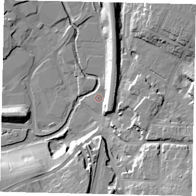 Shaded relief map of the ground around WD172JX, computed from Environment Agency LiDAR. The ground here sits at about 56 m above sea level and falls 28 m across the surrounding 800 m. Surface water reaching this point runs off ground lying to the east, 12.4 m higher.