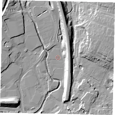 Shaded relief map of the ground around WD172JZ, computed from Environment Agency LiDAR. The ground here sits at about 54 m above sea level and falls 21 m across the surrounding 800 m. Surface water reaching this point runs off ground lying to the south-east, 15.0 m higher.