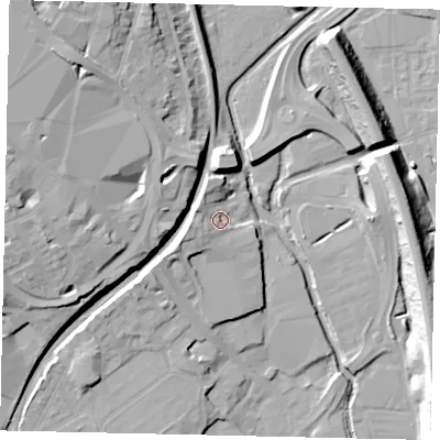 Shaded relief map of the ground around WD172NH, computed from Environment Agency LiDAR. The ground here sits at about 59 m above sea level and falls 20 m across the surrounding 800 m. Surface water reaching this point runs off ground lying to the west-south-west, 6.0 m higher.