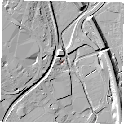 Shaded relief map of the ground around WD172NJ, computed from Environment Agency LiDAR. The ground here sits at about 57 m above sea level and falls 20 m across the surrounding 800 m. Surface water reaching this point runs off ground lying to the west-south-west, 7.1 m higher.