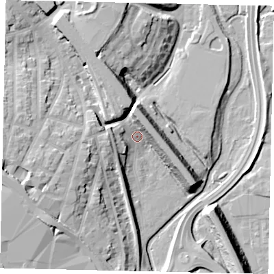 Shaded relief map of the ground around WD172RE, computed from Environment Agency LiDAR. The ground here sits at about 57 m above sea level and falls 20 m across the surrounding 800 m. Surface water reaching this point runs off ground lying to the north, 11.7 m higher.