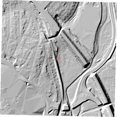 Shaded relief map of the ground around WD172RG, computed from Environment Agency LiDAR. The ground here sits at about 57 m above sea level and falls 21 m across the surrounding 800 m. Surface water reaching this point runs off ground lying to the north-west, 10.1 m higher.