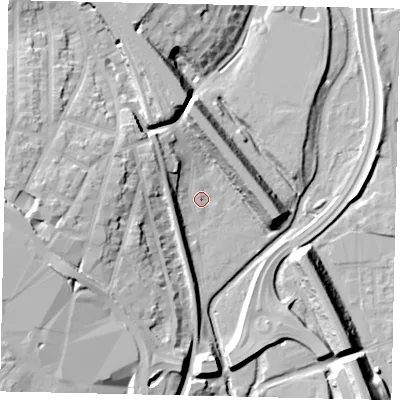 Shaded relief map of the ground around WD172RQ, computed from Environment Agency LiDAR. The ground here sits at about 56 m above sea level and falls 21 m across the surrounding 800 m. Surface water reaching this point runs off ground lying to the north-west, 10.3 m higher.