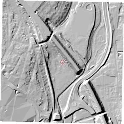 Shaded relief map of the ground around WD172SB, computed from Environment Agency LiDAR. The ground here sits at about 55 m above sea level and falls 20 m across the surrounding 800 m. Surface water reaching this point runs off ground lying to the north-north-west, 12.9 m higher.
