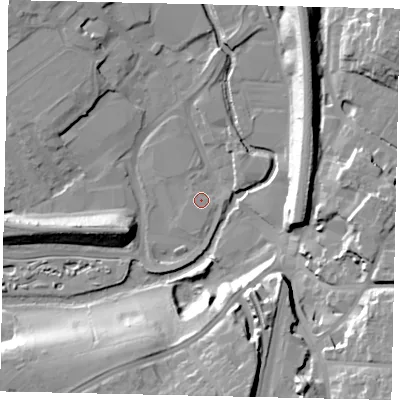 Shaded relief map of the ground around WD172SD, computed from Environment Agency LiDAR. The ground here sits at about 54 m above sea level and falls 24 m across the surrounding 800 m. Surface water reaching this point runs off ground lying to the east, 1.4 m higher.