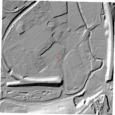 Shaded relief map of the ground around WD172SF, computed from Environment Agency LiDAR. The ground here sits at about 54 m above sea level and falls 20 m across the surrounding 800 m. Surface water reaching this point runs off ground lying to the north-north-west, 4.9 m higher.