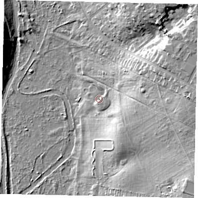 Shaded relief map of the ground around WD173AR, computed from Environment Agency LiDAR. The ground here sits at about 57 m above sea level and falls 18 m across the surrounding 800 m. Surface water reaching this point runs off ground lying to the south-east, 3.1 m higher.