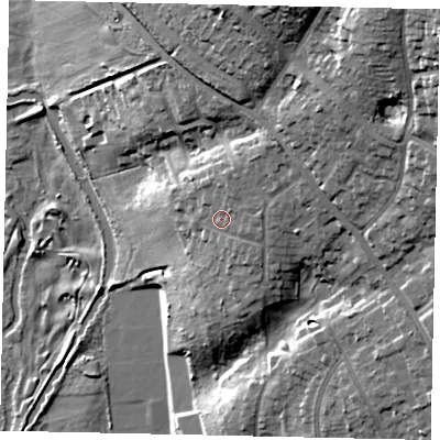 Shaded relief map of the ground around WD173HN, computed from Environment Agency LiDAR. The ground here sits at about 75 m above sea level and falls 37 m across the surrounding 800 m. Surface water reaching this point runs off ground lying to the north-east, 5.6 m higher.
