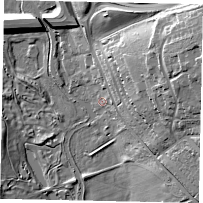 Shaded relief map of the ground around WD173NL, computed from Environment Agency LiDAR. The ground here sits at about 63 m above sea level and falls 40 m across the surrounding 800 m. Surface water reaching this point runs off ground lying to the north-east, 28.3 m higher.