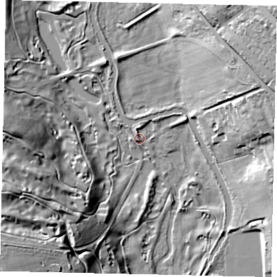Shaded relief map of the ground around WD173TU, computed from Environment Agency LiDAR. The ground here sits at about 60 m above sea level and falls 30 m across the surrounding 800 m. Surface water reaching this point runs off ground lying to the east-north-east, 20.0 m higher.