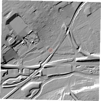 Shaded relief map of the ground around WD180DP, computed from Environment Agency LiDAR. The ground here sits at about 53 m above sea level and falls 22 m across the surrounding 800 m. Surface water reaching this point runs off ground lying to the north-west, 21.1 m higher.