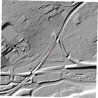 Shaded relief map of the ground around WD180DS, computed from Environment Agency LiDAR. The ground here sits at about 55 m above sea level and falls 22 m across the surrounding 800 m. Surface water reaching this point runs off ground lying to the north-west, 18.5 m higher.