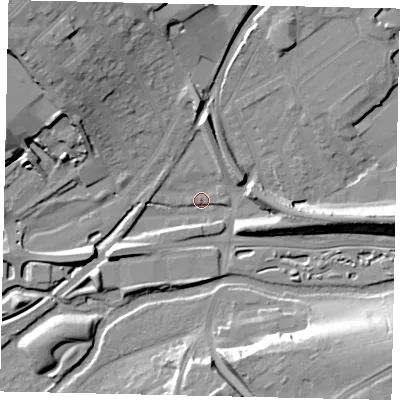 Shaded relief map of the ground around WD180FE, computed from Environment Agency LiDAR. The ground here sits at about 53 m above sea level and falls 21 m across the surrounding 800 m. Surface water reaching this point runs off ground lying to the north-west, 20.4 m higher.