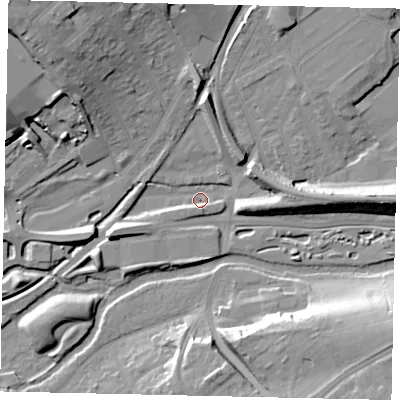 Shaded relief map of the ground around WD180FL, computed from Environment Agency LiDAR. The ground here sits at about 52 m above sea level and falls 21 m across the surrounding 800 m. Surface water reaching this point runs off ground lying to the west-south-west, 8.4 m higher.