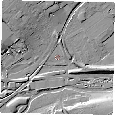 Shaded relief map of the ground around WD180FN, computed from Environment Agency LiDAR. The ground here sits at about 53 m above sea level and falls 21 m across the surrounding 800 m. Surface water reaching this point runs off ground lying to the north-west, 20.6 m higher.