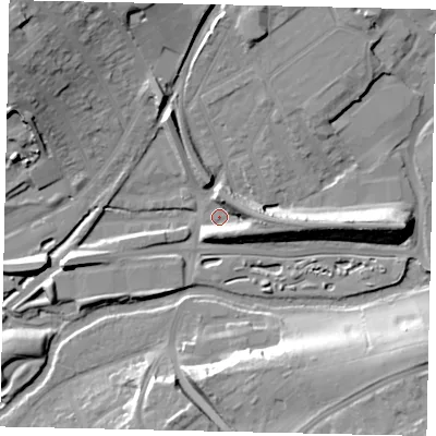 Shaded relief map of the ground around WD180FS, computed from Environment Agency LiDAR. The ground here sits at about 53 m above sea level and falls 22 m across the surrounding 800 m. Surface water reaching this point runs off ground lying to the north-north-west, 14.5 m higher.