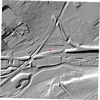 Shaded relief map of the ground around WD180FT, computed from Environment Agency LiDAR. The ground here sits at about 52 m above sea level and falls 21 m across the surrounding 800 m. Surface water reaching this point runs off ground lying to the west-south-west, 8.4 m higher.