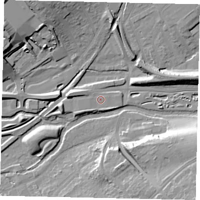 Shaded relief map of the ground around WD180GS, computed from Environment Agency LiDAR. The ground here sits at about 55 m above sea level and falls 22 m across the surrounding 800 m. Surface water reaching this point runs off ground lying to the west, 5.1 m higher.