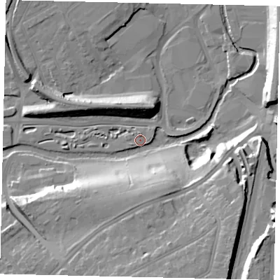 Shaded relief map of the ground around WD180HZ, computed from Environment Agency LiDAR. The ground here sits at about 54 m above sea level and falls 26 m across the surrounding 800 m. Surface water reaching this point runs off ground lying to the south-east, 25.4 m higher.