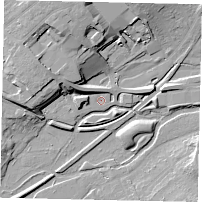 Shaded relief map of the ground around WD180LE, computed from Environment Agency LiDAR. The ground here sits at about 53 m above sea level and falls 22 m across the surrounding 800 m. Surface water reaching this point runs off ground lying to the north-east, 1.0 m higher.