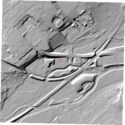 Shaded relief map of the ground around WD180LF, computed from Environment Agency LiDAR. The ground here sits at about 53 m above sea level and falls 22 m across the surrounding 800 m. Surface water reaching this point runs off ground lying to the north-east, 1.0 m higher.