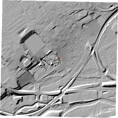 Shaded relief map of the ground around WD180LU, computed from Environment Agency LiDAR. The ground here sits at about 58 m above sea level and falls 22 m across the surrounding 800 m. Surface water reaching this point runs off ground lying to the north-north-west, 12.4 m higher.