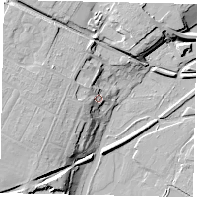 Shaded relief map of the ground around WD186QE, computed from Environment Agency LiDAR. The ground here sits at about 60 m above sea level and falls 19 m across the surrounding 800 m. Surface water reaching this point runs off ground lying to the west, 12.5 m higher.