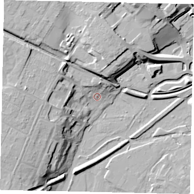Shaded relief map of the ground around WD186QT, computed from Environment Agency LiDAR. The ground here sits at about 54 m above sea level and falls 22 m across the surrounding 800 m. Surface water reaching this point runs off ground lying to the north-north-east, 7.7 m higher.