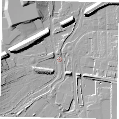 Shaded relief map of the ground around WD188SL, computed from Environment Agency LiDAR. The ground here sits at about 53 m above sea level and falls 17 m across the surrounding 800 m. Surface water reaching this point runs off ground lying to the west-south-west, 7.2 m higher.