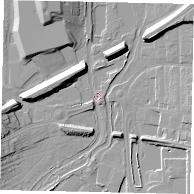 Shaded relief map of the ground around WD188SN, computed from Environment Agency LiDAR. The ground here sits at about 53 m above sea level and falls 18 m across the surrounding 800 m. Surface water reaching this point runs off ground lying to the west-north-west, 12.9 m higher.