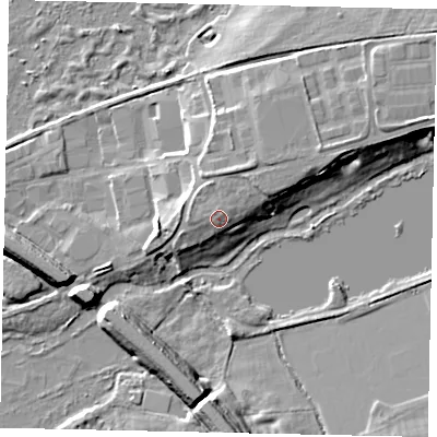 Shaded relief map of the ground around WD189QG, computed from Environment Agency LiDAR. The ground here sits at about 55 m above sea level and falls 11 m across the surrounding 800 m. Surface water reaching this point runs off ground lying to the north-east, 1.6 m higher.