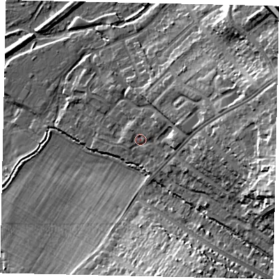 Shaded relief map of the ground around WD194BP, computed from Environment Agency LiDAR. The ground here sits at about 54 m above sea level and falls 19 m across the surrounding 800 m. Surface water reaching this point runs off ground lying to the east-north-east, 7.7 m higher.