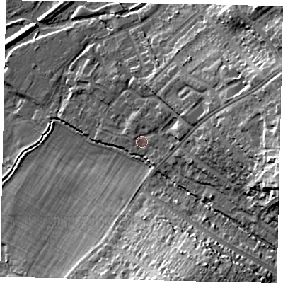 Shaded relief map of the ground around WD194BW, computed from Environment Agency LiDAR. The ground here sits at about 54 m above sea level and falls 20 m across the surrounding 800 m. Surface water reaching this point runs off ground lying to the east-north-east, 7.7 m higher.