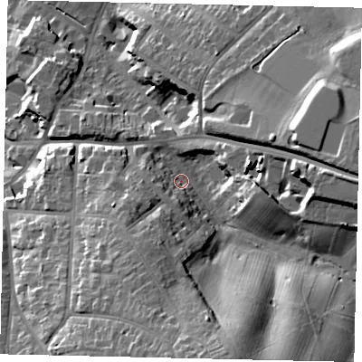 Shaded relief map of the ground around WD194DD, computed from Environment Agency LiDAR. The ground here sits at about 69 m above sea level and falls 31 m across the surrounding 800 m. Surface water reaching this point runs off ground lying to the south-south-east, 23.3 m higher.