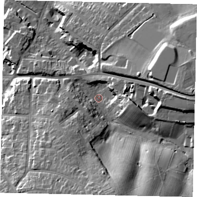 Shaded relief map of the ground around WD194DE, computed from Environment Agency LiDAR. The ground here sits at about 68 m above sea level and falls 31 m across the surrounding 800 m. Surface water reaching this point runs off ground lying to the south, 23.4 m higher.