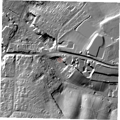 Shaded relief map of the ground around WD194DG, computed from Environment Agency LiDAR. The ground here sits at about 68 m above sea level and falls 28 m across the surrounding 800 m. Surface water reaching this point runs off ground lying to the south, 20.6 m higher.